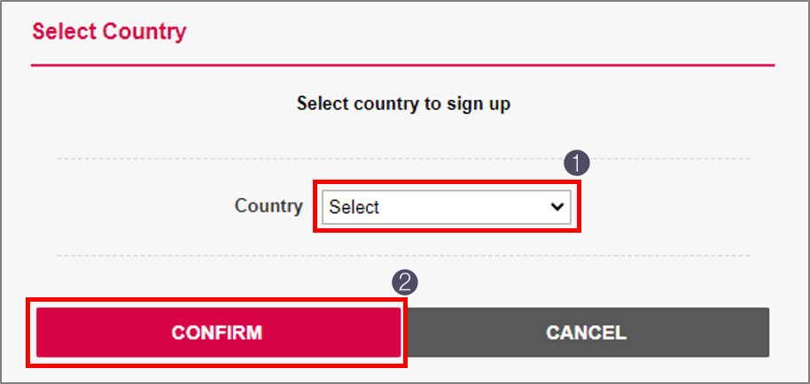 A popup to select a country for sign up.