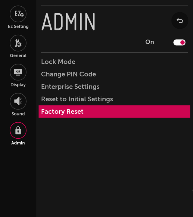 The Factory Reset menu on the Admin menu